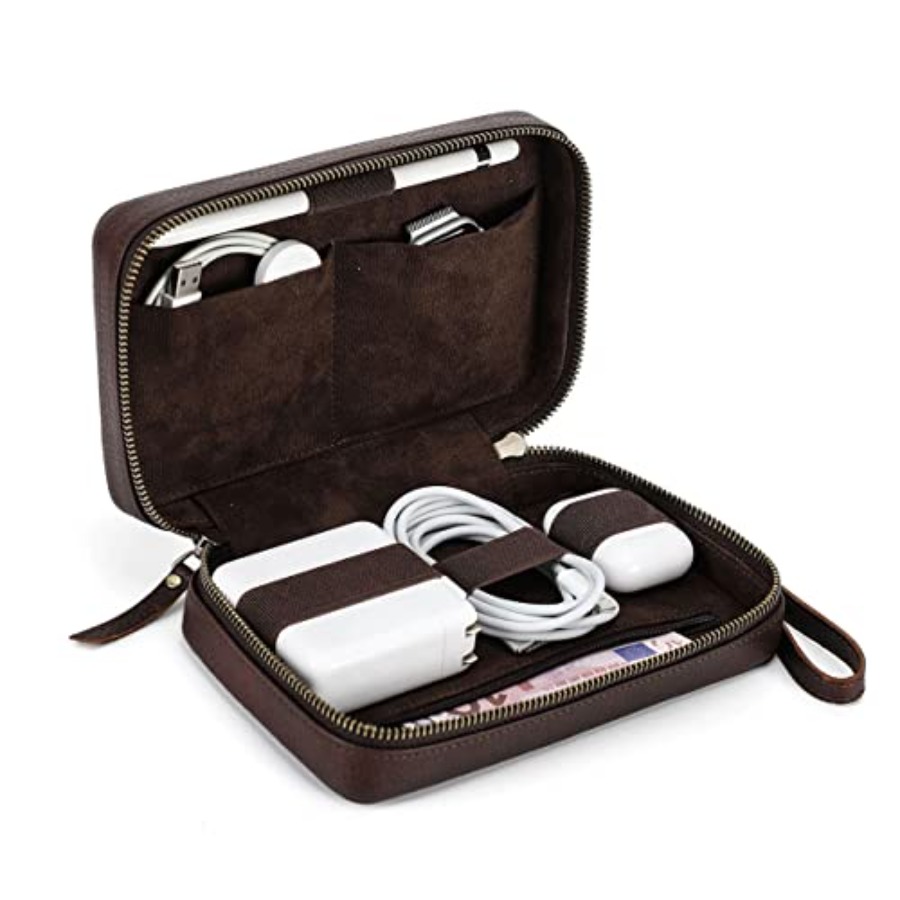 Tech Accessories Travel Case - Full Grain Leather Electronic Organizer Travel
